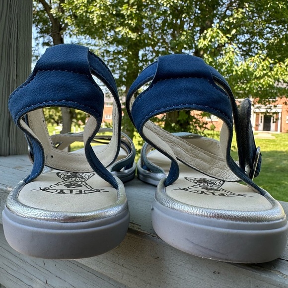 FLY LONDON Sz 40 Cune 65Fly Leather Multi Ankle Strap Sandals Blue Jade Silver - Picture 14 of 15